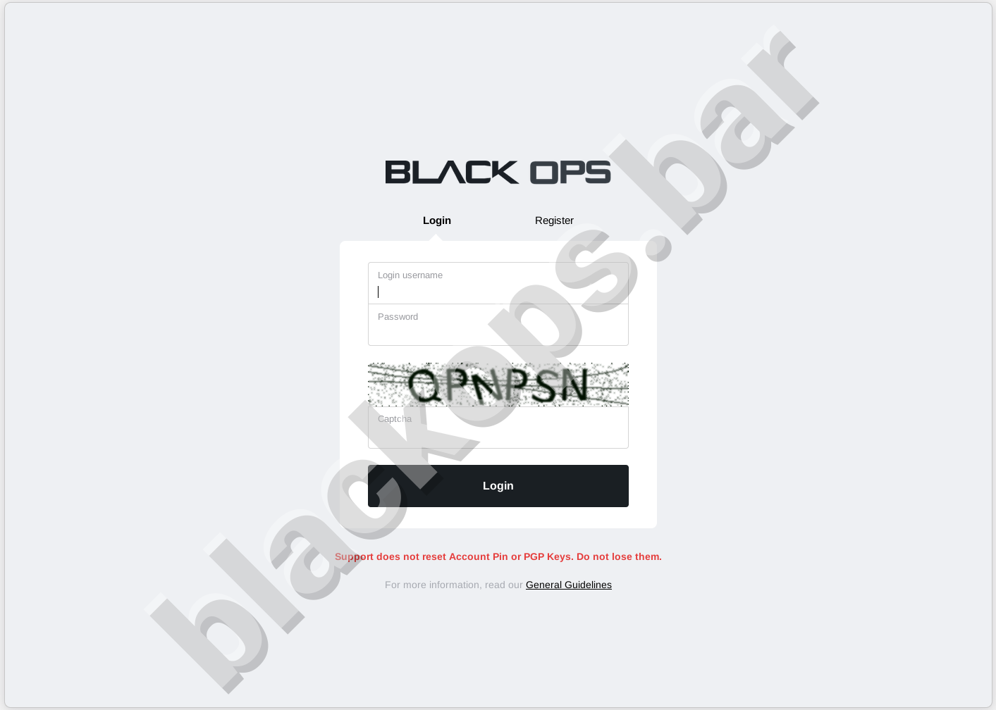 Blackops market login form showing PGP key requirement and 2FA field