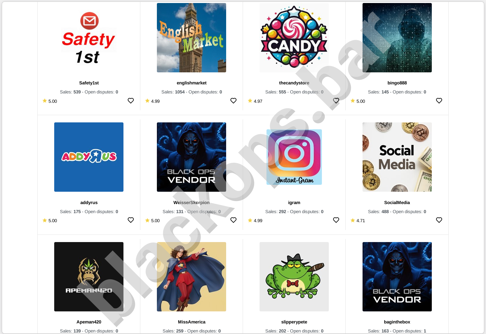 Blackops marketplace product listings grid with vendor ratings and filters